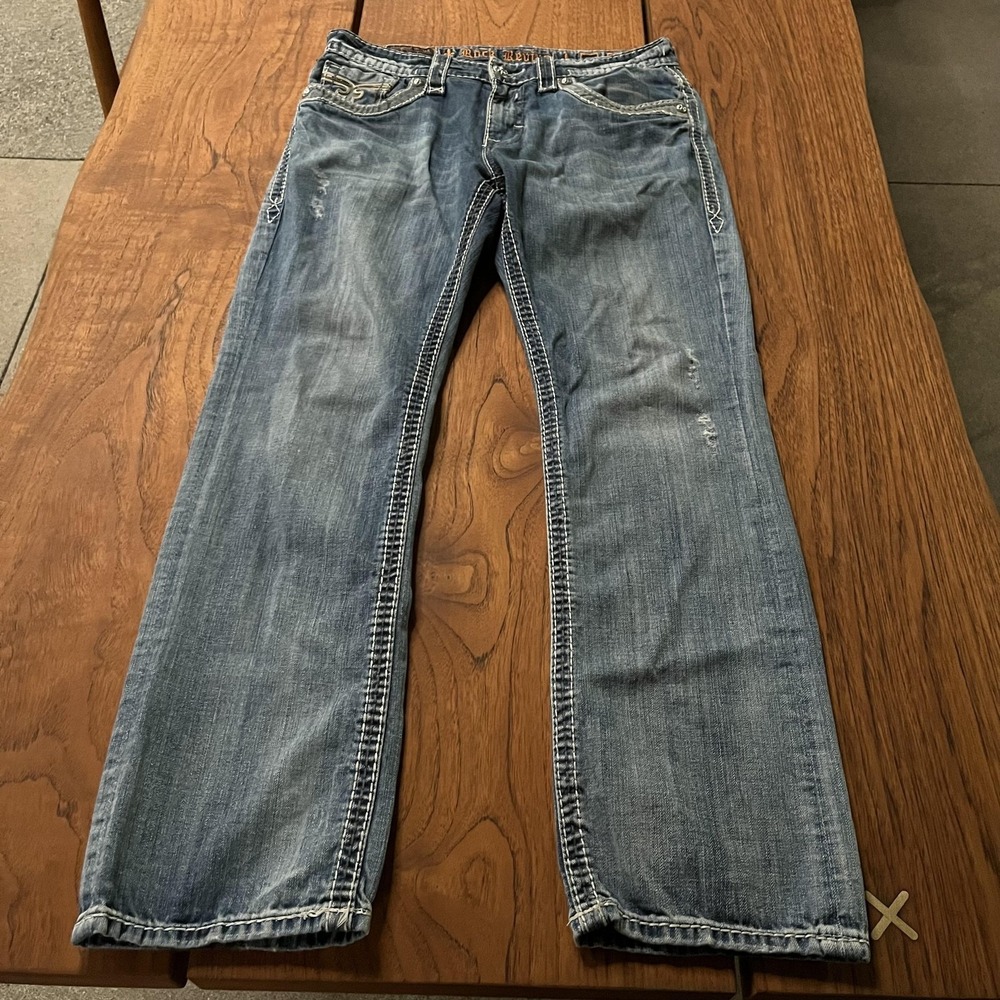 Rock Revival Sebastian Straight Jeans Mens 34x32 Blue Distressed Thick Stitch
